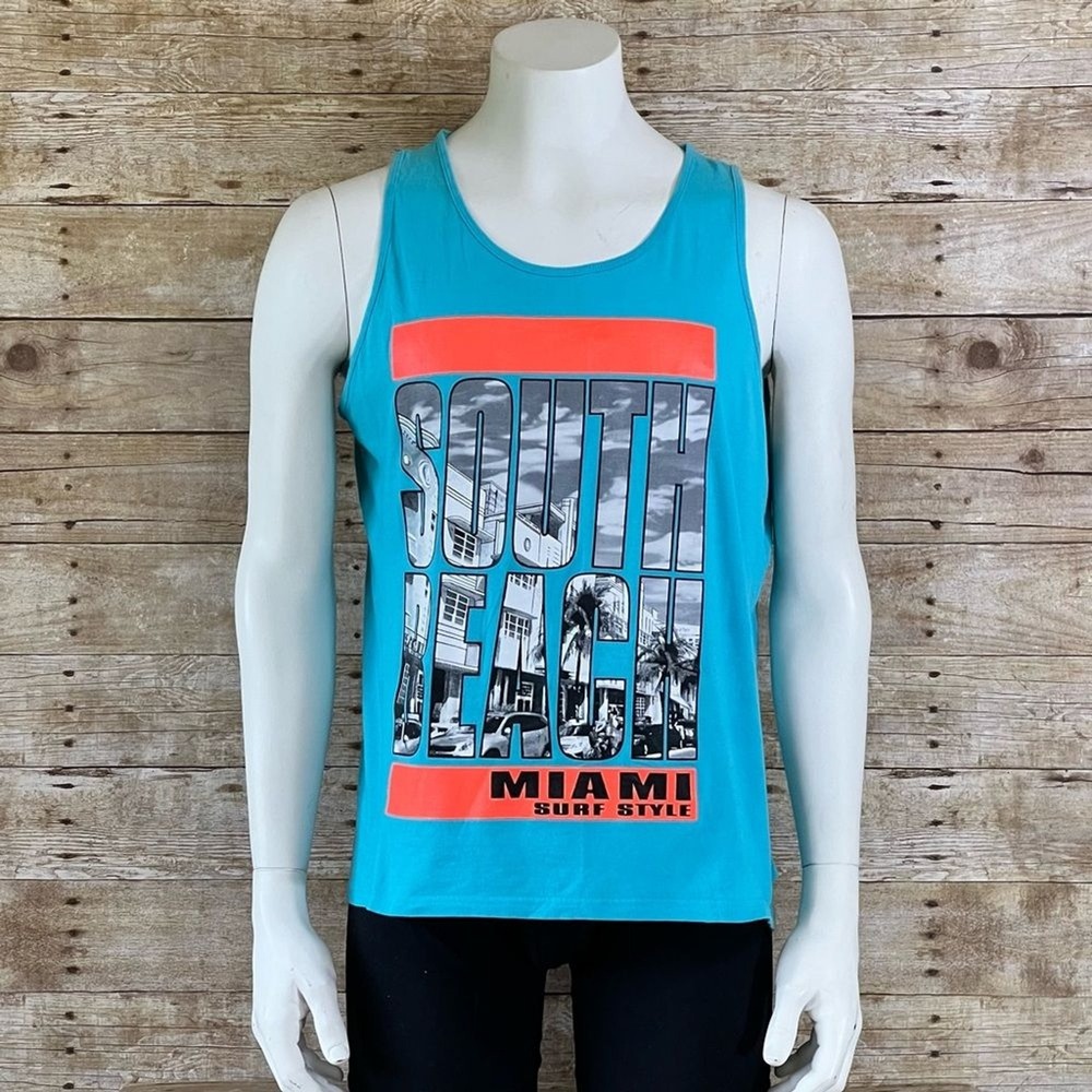 Surf Style Mens South Beach Miami Graphic Tank Top Blue Large 100% Cotton‎